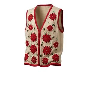 Bobbie Brooks Christmas Sweater Vest Womens XL Poinsettia Ramie Cotton Y2K 90s